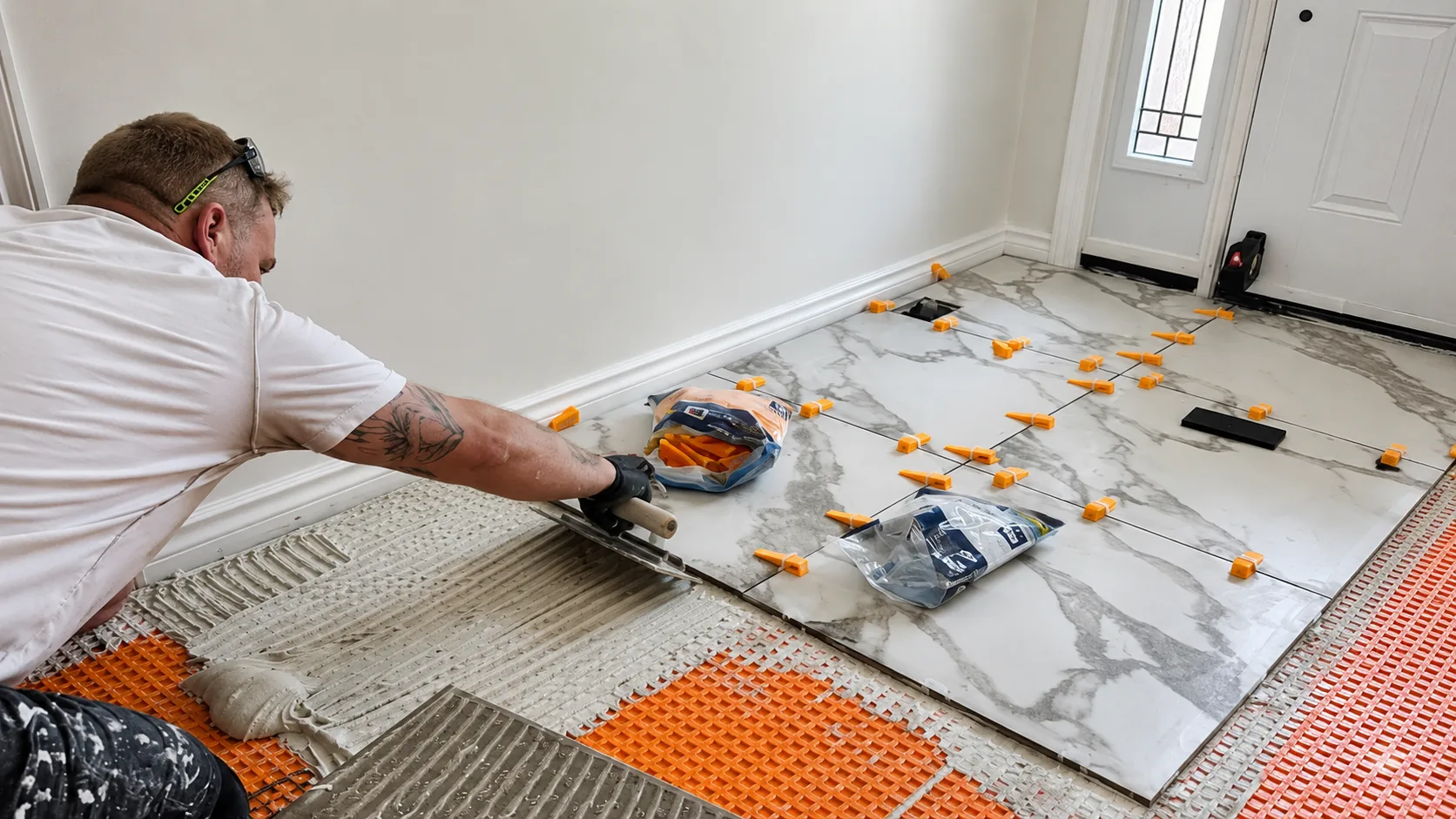 Professional contractor installing large-format tile flooring in a home entryway.